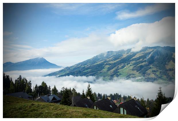 Switzerland Mountains with low cloud Print by Darren Willmin