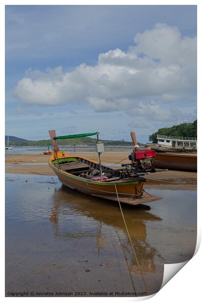 Longtail Boat at Low Tide #1 Print by Annette Johnson