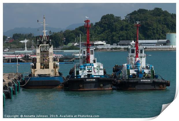 Rub a dub dub three tugs! Print by Annette Johnson