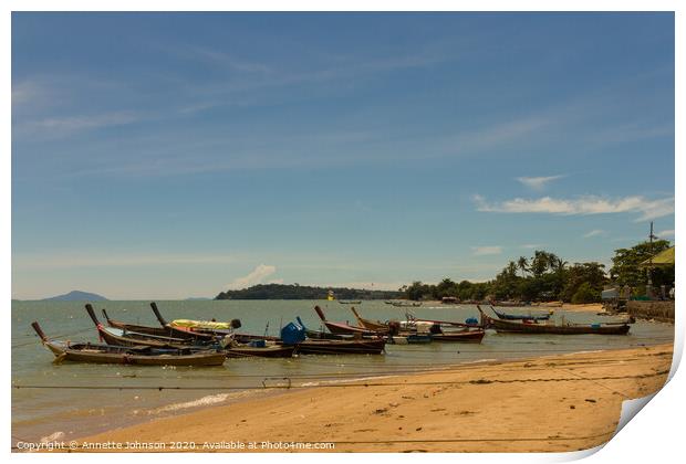 Longtail boats all in a row Print by Annette Johnson