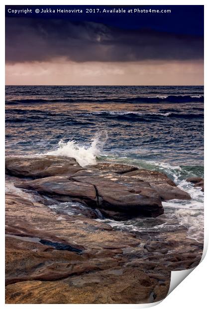 Waves Splash On The Rocks At Sunset Print by Jukka Heinovirta