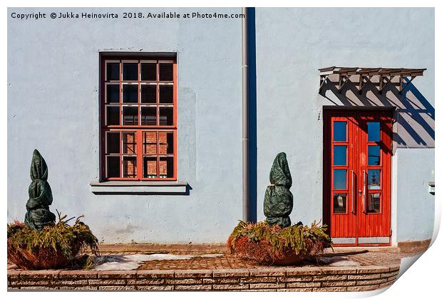 Red Window And Door On A Blue Wall Print by Jukka Heinovirta