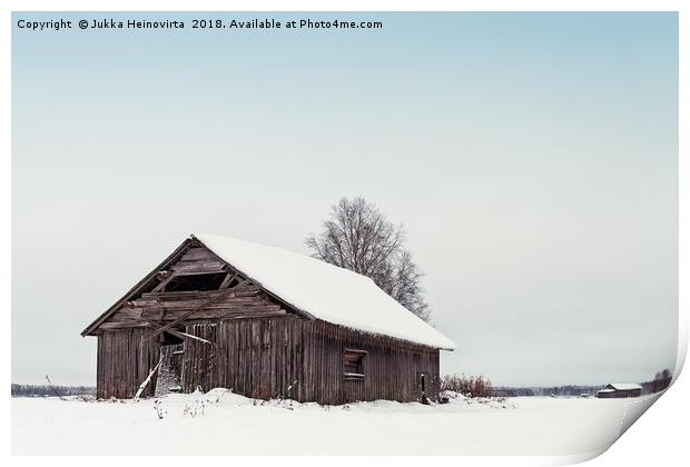 Old Barn Houses On The Snowy Fields Print by Jukka Heinovirta