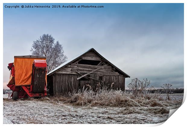 Potato Harvester By An Old Barn Print by Jukka Heinovirta