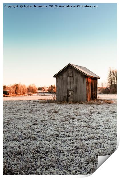 Tiny Barn House On The Frosty Fields Print by Jukka Heinovirta