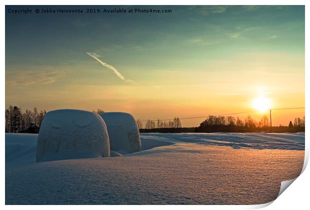 Two Bales In The Winter Sunset Print by Jukka Heinovirta