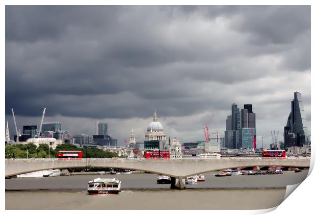 Three London Buses on Waterloo Bridge Print by Jeremy Hayden