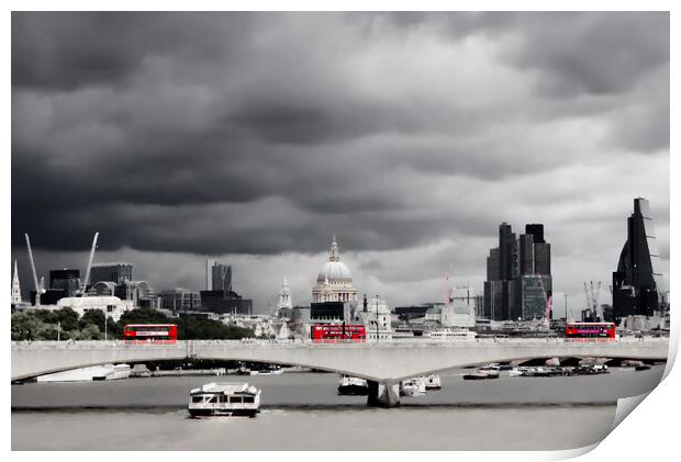 Three London Buses on Waterloo Bridge Mono Print by Jeremy Hayden