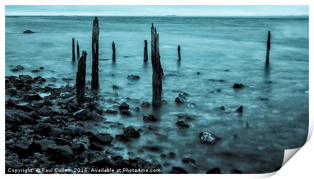 Old posts at Lindisfarne in Cyan. Print by Paul Cullen