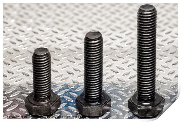 Three metric bolts standing to attention. Print by Paul Cullen