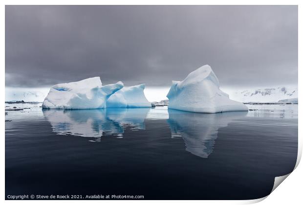 Icebergs on a calm evening in the Antarctic Print by Steve de Roeck