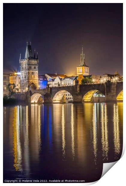 Charles Bridge and Old Town Bridge Tower by night Print by Melanie Viola