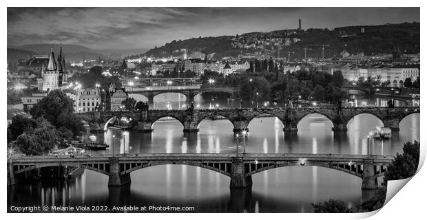Evening view over the Vltava bridges in Prague - Monochrome Print by Melanie Viola