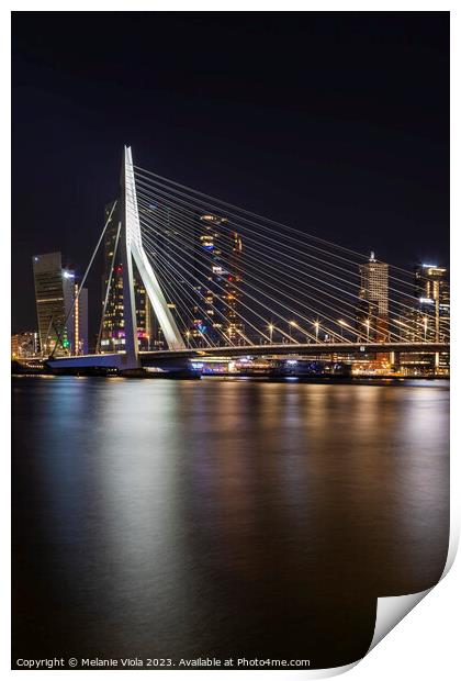 Erasmus Bridge at night with Rotterdam skyline Print by Melanie Viola