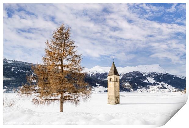Resia Lake with the sunken church tower in winter Print by Melanie Viola