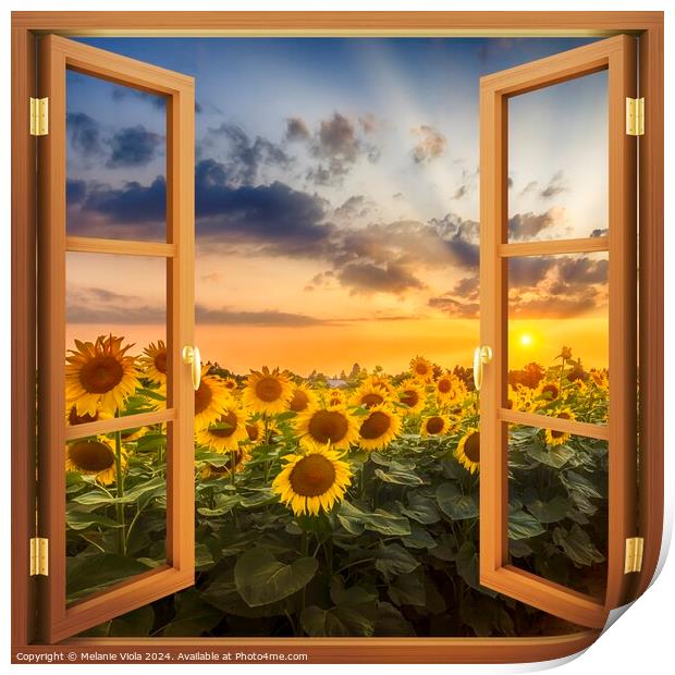 View of sunflowers at sunset Print by Melanie Viola