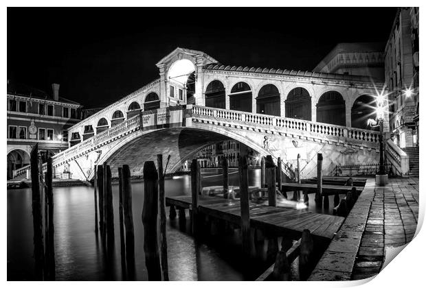 VENICE Rialto Bridge at Night black and white Print by Melanie Viola
