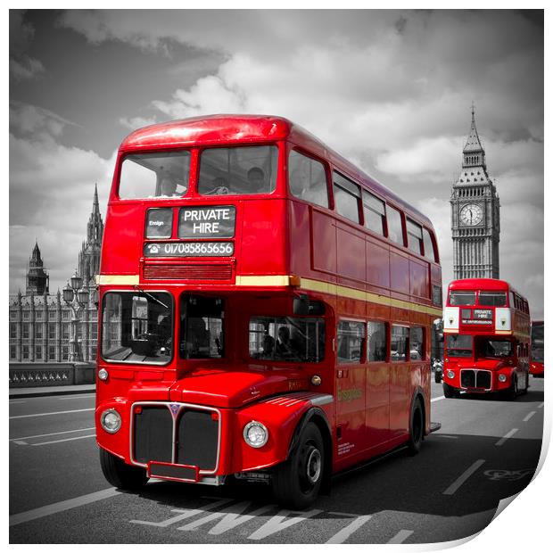 LONDON Red Buses on Westminster Bridge Print by Melanie Viola