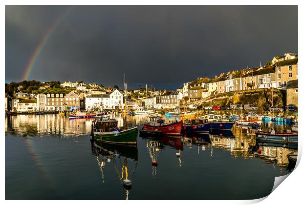 Rainbow at Mevagissey harbor Print by Michael Brookes