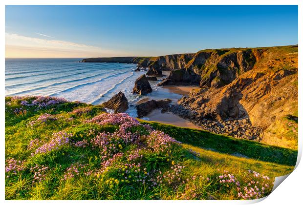 Bedruthan Steps Cornwall in Spring Print by Michael Brookes