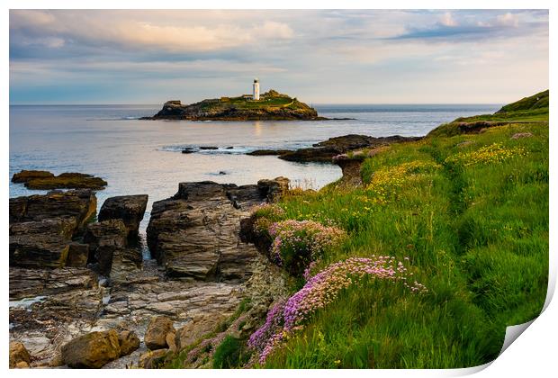 Godrevy lighthouse at dawn II Print by Michael Brookes