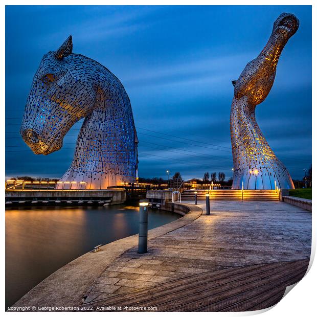 The Kelpies at Helix Park, Falkirk in Ukraine colours Print by George Robertson
