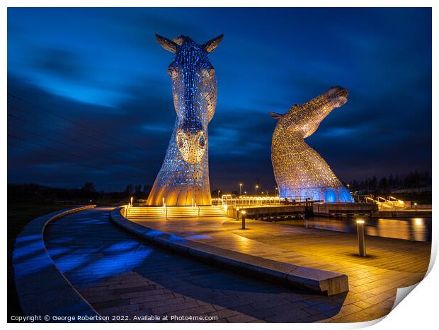 The Kelpies in Blue and Yellow colours in support of Ukraine Print by George Robertson