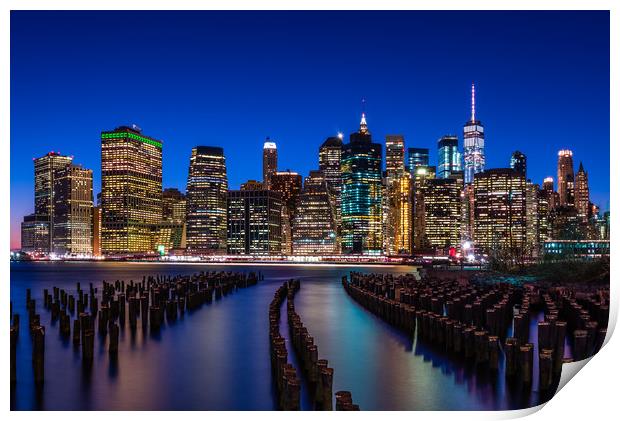 The New York City Skyline at night from DUMBO Broo Print by George Robertson