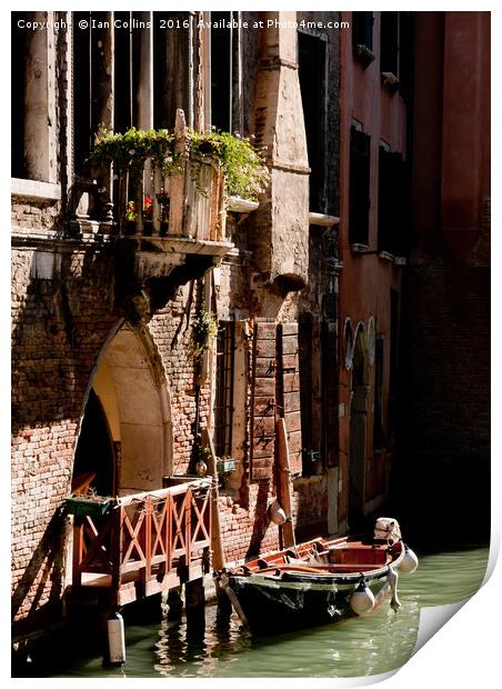 Boat moored on a Canal, Venice Print by Ian Collins