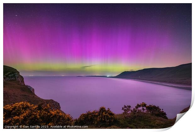 Northern Lights over Rhossili Bay, Gower Print by Dan Santillo