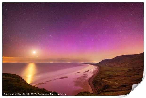 Northern Lights and Moon over Rhossili Bay, Gower Print by Dan Santillo