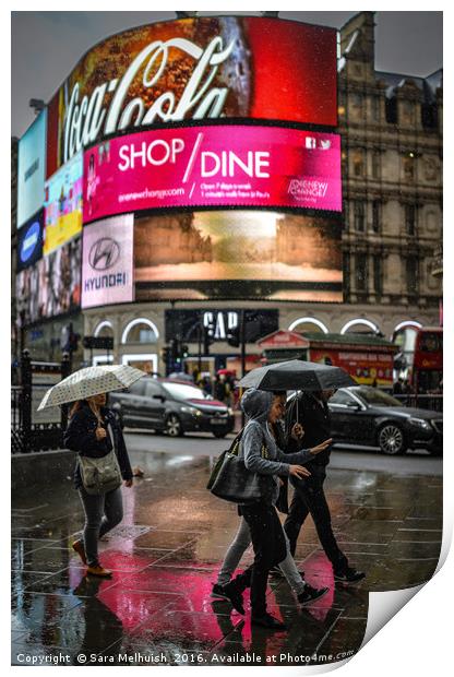 Walking and talking in the rain Print by Sara Melhuish