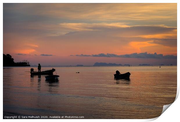 Boats at sunset Print by Sara Melhuish