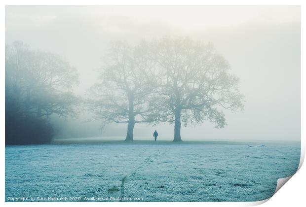 Frosty morning walk in the fog Print by Sara Melhuish