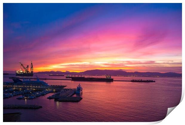Sunset in the bay of Gibraltar Print by Piers Thompson