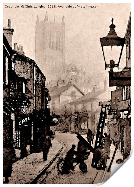 The Straight, Lincoln, 1890s misty day watercolour Print by Chris Langley