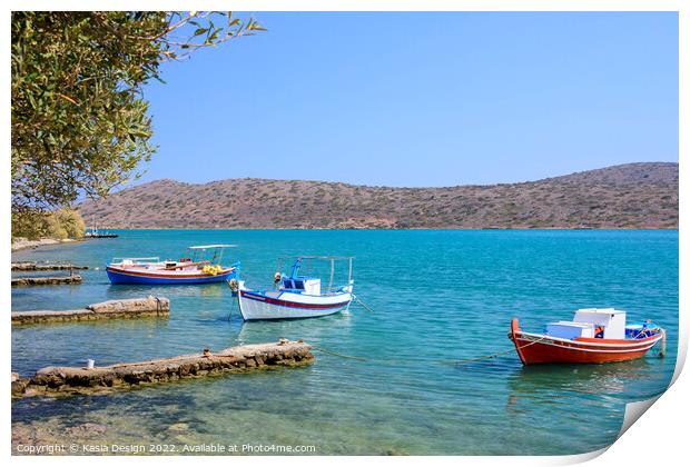 Colourful Boats in Elounda Bay, Crete, Greece Print by Kasia Design