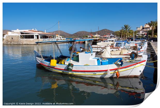 Vibrant Fishing Boats in Elounda Harbour Print by Kasia Design