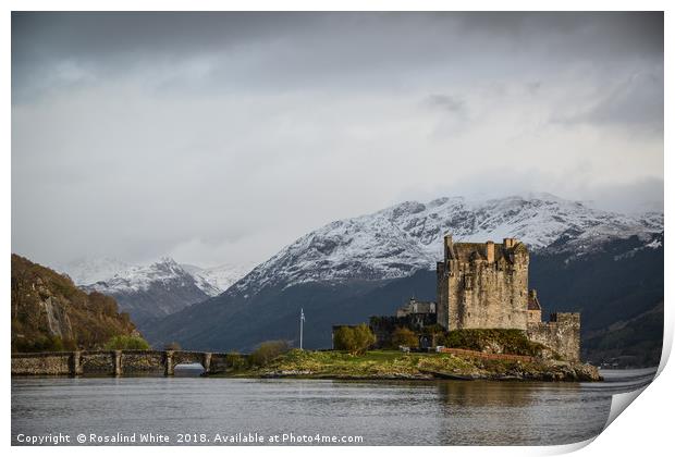 Eileen Donan Castle Against Snowy Mountains Print by Rosalind White
