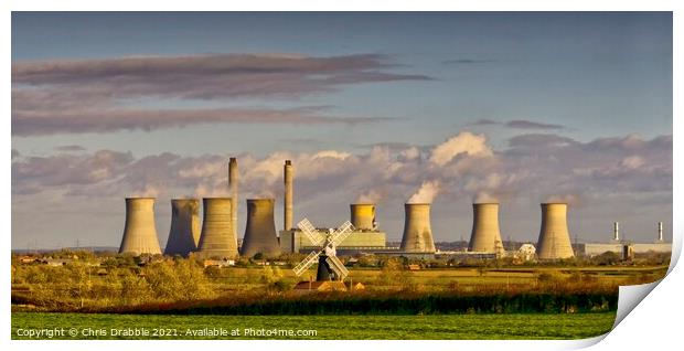 West Burton Power Station and Leverton Windmill Print by Chris Drabble