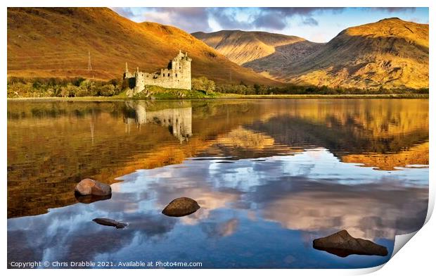 Kilchurn Castle at dawn reflected in Lock Awe Print by Chris Drabble