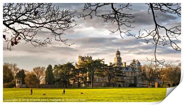 Thoresby Hall in the last light of the day Print by Chris Drabble