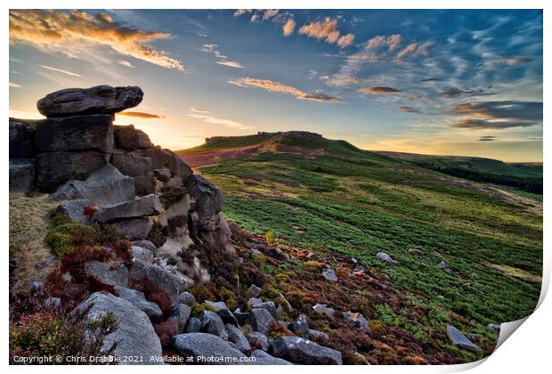 Higger Tor from Carl Wark at sunset Print by Chris Drabble