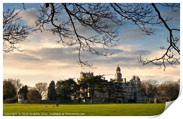Thoresby Hall in late evening sunlight Print by Chris Drabble
