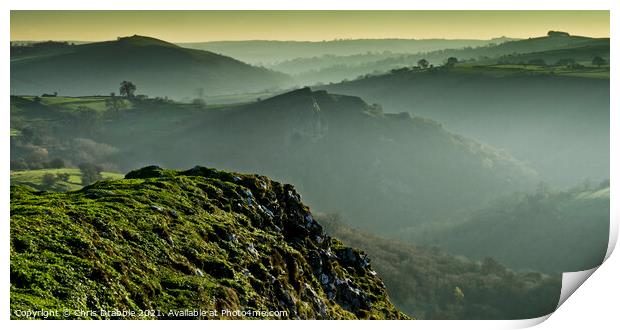 Thor's Cave from Wetton Hill in low winter light Print by Chris Drabble