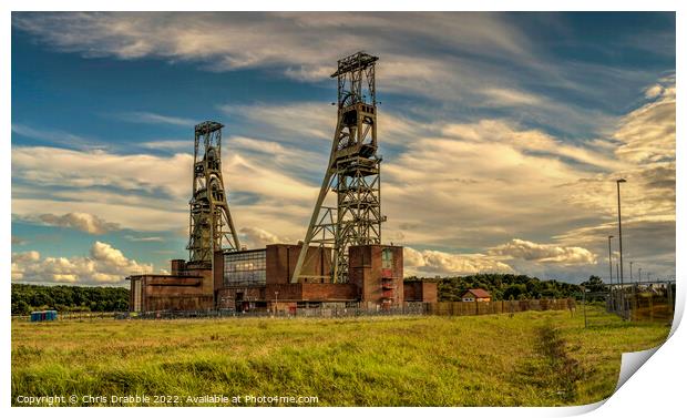 Clipstone Colliery Headstocks at sunset Print by Chris Drabble
