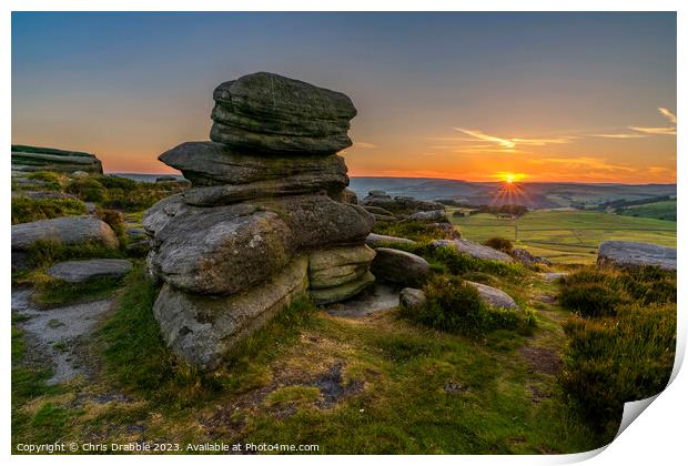 Over Owler Tor at sunset Print by Chris Drabble
