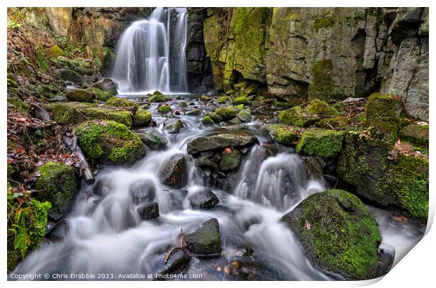 Lumsdale waterfall and rocks Print by Chris Drabble