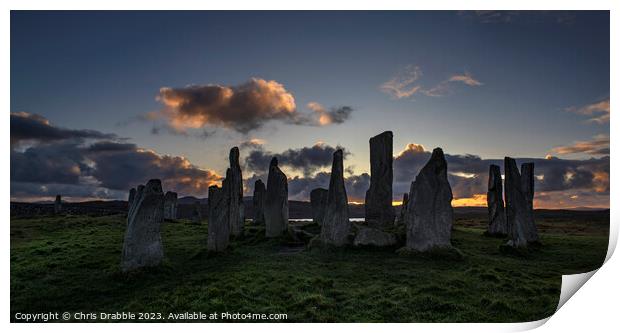 Calanais Standing Stones at sunset Print by Chris Drabble
