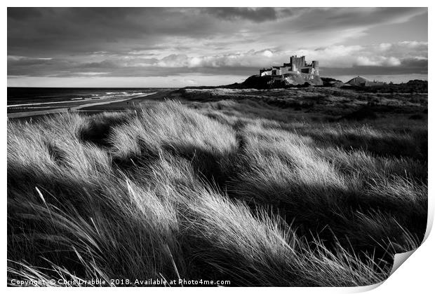 Bamburgh Castle (in Mono) Northumberland, England Print by Chris Drabble